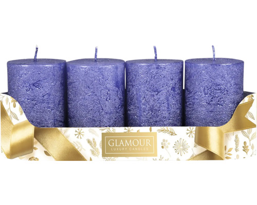 Sviečky adventné rustikálne Ø 5 cm metalické modré 4 ks Štyri modré stĺpové sviečky v ozdobnom balení