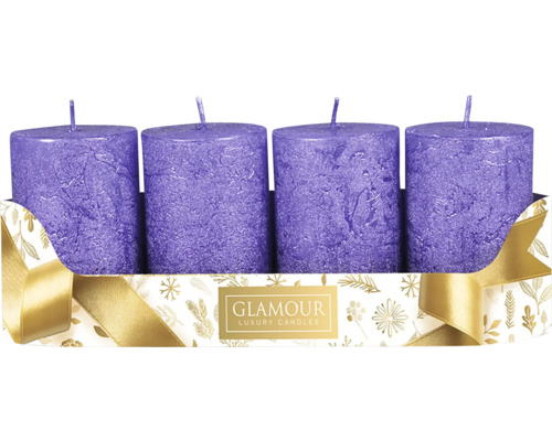 Sviečky adventné rustikálne Ø 5 cm metalické fialové 4 ks Štyri sviečky v tvare stĺpika v darčekovom balení