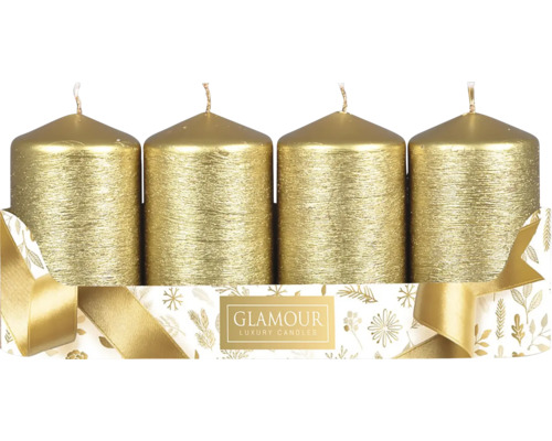 Sviečky adventné škrabané Taurus metalické zlaté 4 ks Štyri zlaté stĺpové sviečky v ozdobnom balení