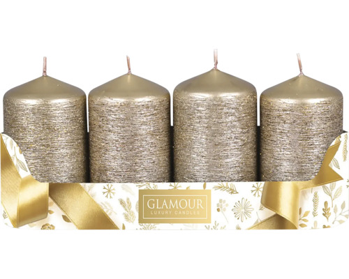 Sviečky adventné škrabané Taurus metalická šampaň 4 ks Štyri sviečky v zlatej trblietavej podobe v balení