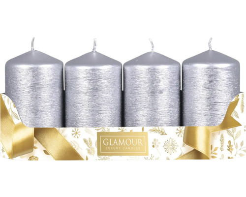 Sviečky adventné škrabané Taurus metalické strieborné 4 ks Štyri sviečky v tvare stĺpika v darčekovej krabičke