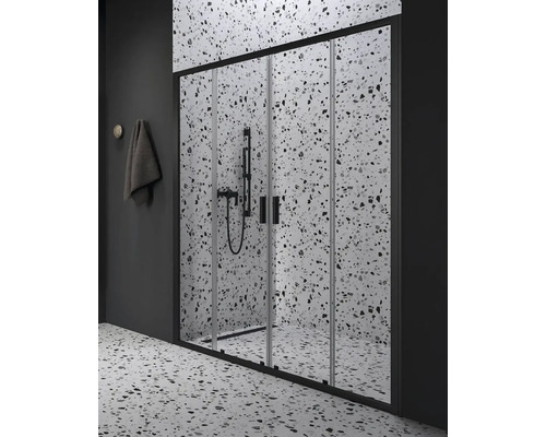 Sprchové dvere do niky RAVAK Blix II 120 cm farba rámu čierna dekor skla číre sklo 0YMG0300Z1 Sprchovací kút s čiernym rámom v kúpeľni s terazzovou dlažbou