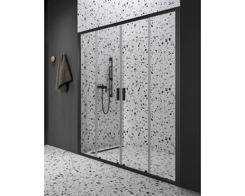 Sprchové dvere do niky RAVAK Blix II 200 cm farba rámu čierna dekor skla číre sklo 0YMK0300Z1 Sprchovací kút s čiernym rámom a sprchovacou armatúrou pred škvrnitou stenou