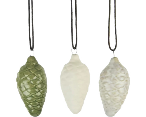 Závesná dekorácia ŠIŠKA, porcelán, biela/krémová viac druhov cena za 1 ks Tri vianočné ozdoby v tvare šišky so šnúrkou