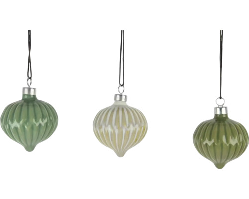 Závesná dekorácia porcelán, krémová/zelená Tri ozdobné vianočné gule so závesom