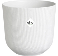 Biely kvetináč so štruktúrovaným vzorom a logom Elho