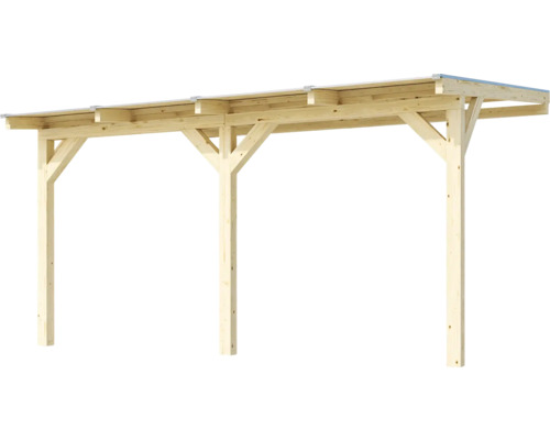 Drevený prístrešok pre auto so stĺpikmi a strešnou konštrukciou