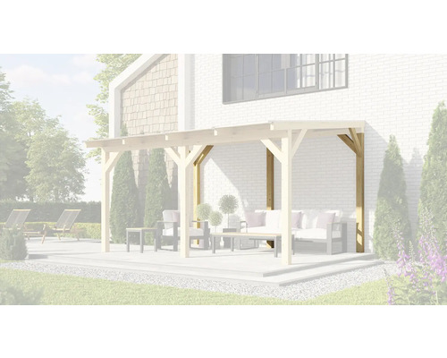Drevená pergola na terase so záhradným nábytkom