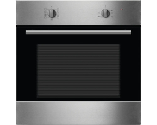 Nerezová vstavaná rúra s čiernymi sklenenými dverami a otočnými gombíkmi