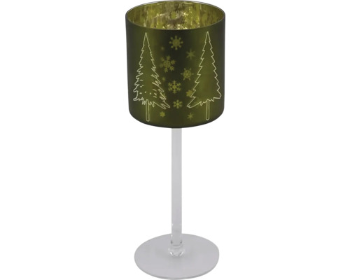 Svietnik na čajovú sviečku STROMKY na nohe sklo zelená matná 9x9x25 cm Sklenený držiak na čajovú sviečku s motívom vianočného stromčeka a snehovej vločky