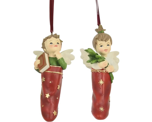 Dve figúrky anjelov ako ozdoby na vianočný stromček s knihou a vetvami