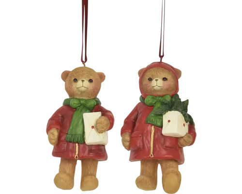 Závesná dekorácia MEDVEĎ vianočná, polystone, červená viac druhov cena za 1 ks Dve figúrky medvedíka na vianočný stromček v kabátoch a šáloch