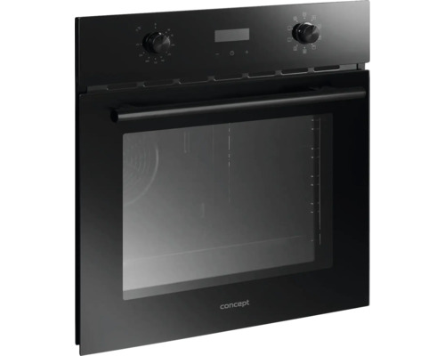 Čierna vstavaná rúra so sklenenými dverami a otočnými gombíkmi