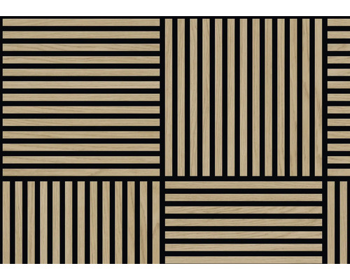 Akustický panel s drevenými lamelami v geometrickom vzore