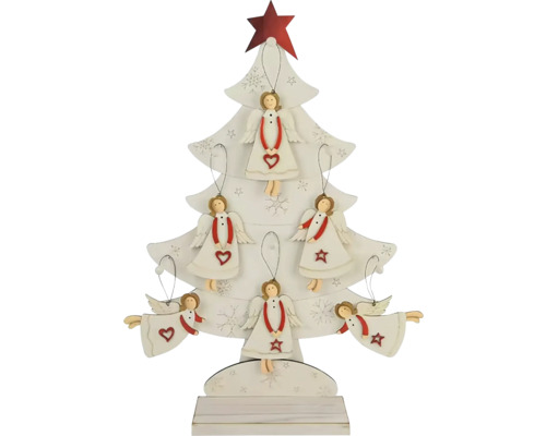 Záves ANJELKA MDF biela 36x57x12 cm DISPLEJ 48ks Dekoratívny drevený vianočný stromček s príveskami anjelov ako slávnostná dekorácia