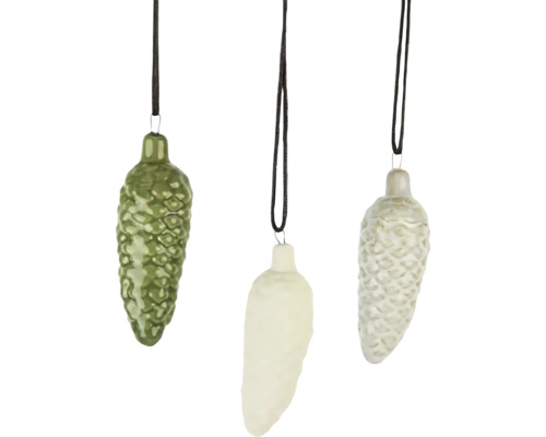 Závesná dekorácia ŠIŠKA, porcelán, biela/krémová Tri šiškové vianočné gule visia na stuhách