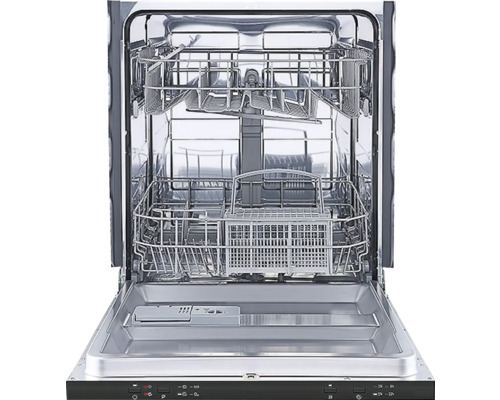 Vnútorný pohľad na umývačku riadu s otvorenými dvierkami a výsuvnými košmi