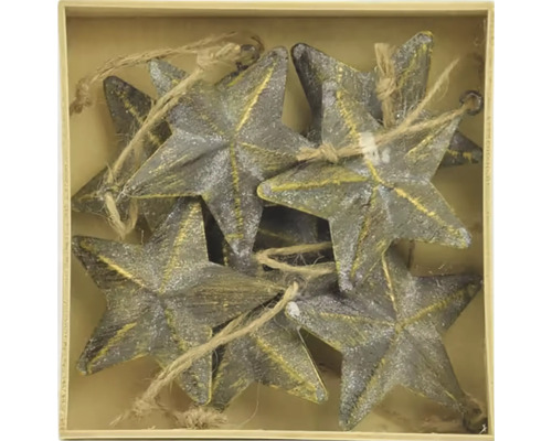 Závesná dekorácia HVIEZDA, kov, sivo/zlatá Sada hviezdicových príveskov s jutovým povrázkom v krabici