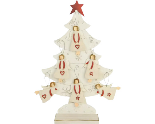 Dekoratívny drevený vianočný stromček s anjelskými príveskami ako vianočná ozdoba