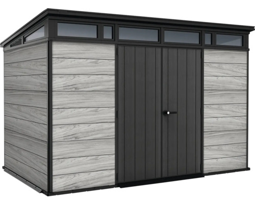 Záhradný domček s dvojkrídlovými dverami a svetlíkmi