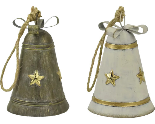 Dva ozdobné zvončeky s motívmi hviezd a povrazovým zavesením