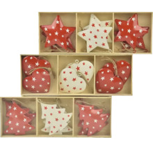 Dekoratívne prívesky v tvare hviezdy, srdca a stromu s hviezdnym vzorom v drevenej krabičke