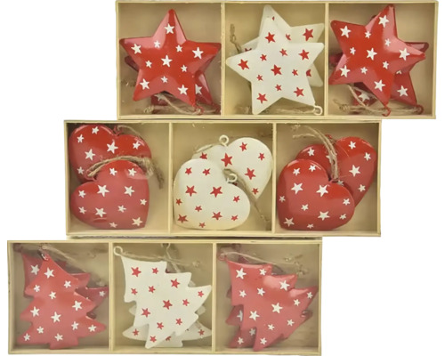 Dekoratívne prívesky v tvare hviezdy, srdca a stromu s hviezdnym vzorom v drevenej krabičke