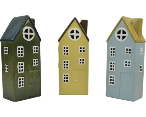 Vianočné dekorácie DOMČEK LED porcelán modrá/zelená/žltá 11x26x7,5 cm mix 3 druhov cena za 1ks Tri dekoratívne domy z keramiky