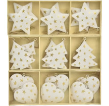 Drevená krabička s hviezdami, vianočnými stromčekmi a srdiečkami na zavesenie