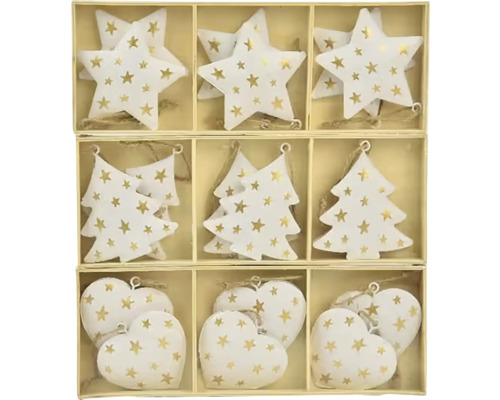Drevená krabička s hviezdami, vianočnými stromčekmi a srdiečkami na zavesenie