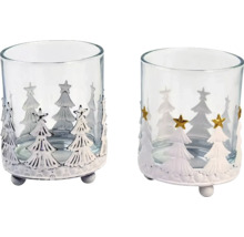 Dva sklenené držiaky na čajové sviečky s motívom stromu na vianočnú dekoráciu