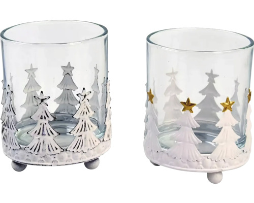 Svietnik na čajovú sviečku STROMKY kov biela 7x9x7 cm mix 2 druhov cena za 1ks Dva sklenené držiaky na čajové sviečky s motívom stromu na vianočnú dekoráciu