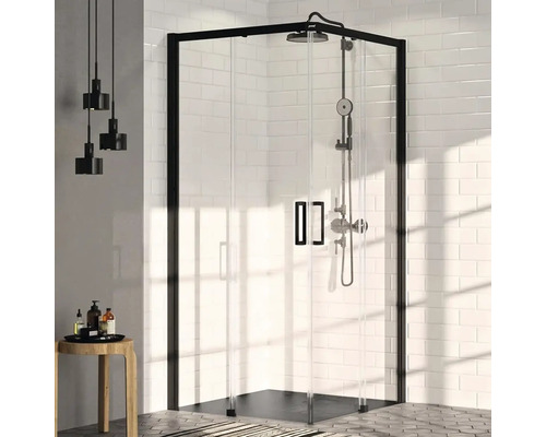 Sprchové dvere krídlové vpravo Hüppe Classics 2 EasyEntry 90 cm farba rámu čierna dekor skla číre sklo HUPPE C25202.123.322 Rohová sprcha s čírym sklom a čiernym rámom vo svetlej kúpeľni