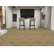 Moderná kuchyňa s dvoma barovými stoličkami a parketami vo vzore rybej kosti