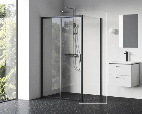 Sprchovací kút s čiernym rámom a sklenenými stenami v kúpeľni