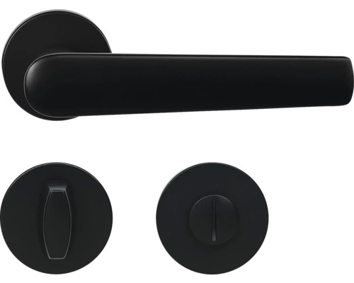 Hliníkové kovanie RK.K16.BOLOGNA.WC.NIMAT na okrúhlych rozetách s vratnou pružinou kľučiek Čierna súprava kľučky ku dverám so zámkom