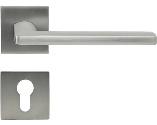 Hliníkové kovanie RK.C36.RIMINI.PZ.NIMAT na štvorcových rozetách s vratnou pružinou kľučiek Kľučková súprava s hranatou rozetou a kľúčovou rozetou