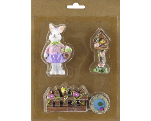 Sada dekorácií so zajačikom, vtáčou búdkou, plotom a jazierkom pre záhradu alebo Veľkú noc