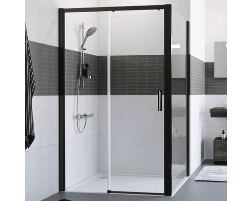 Sprchové dvere pre bočnú stenu Hüppe Classics 2 EasyEntry 160 cm farba rámu čierna dekor skla číre sklo HUPPE C25313.123.322 Rohová sprcha s čiernym rámom a posuvnými dverami v kúpeľni.