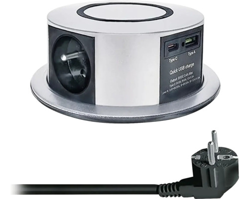 Výsuvný blok zásuviek PP120CW-PD20 3x 230 V + USB A+C strieborný Vstavaná zásuvka s USB portami a napájacou zástrčkou