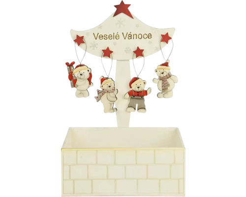 Záves MEDVED lesklý MDF biela/sivá/červená 25x38x20 cm displej 72ks Vianočná dekorácia s medvedím dekorom a nápisom 'Veselé Vánoce'