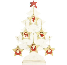 Dekoratívny drevený vianočný stromček s hviezdnymi príveskami a vianočnými motívmi