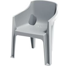 Sivá plastová stolička s opierkami na ruky