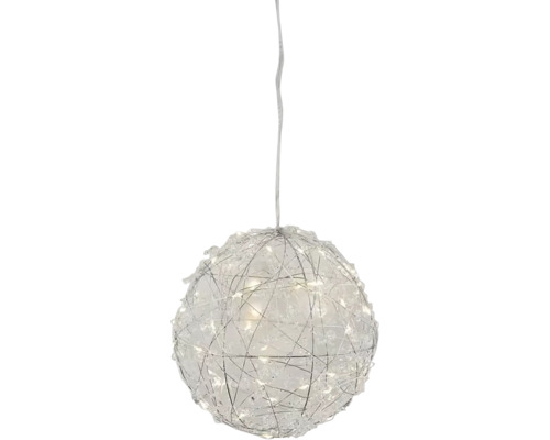 Vonkajšie vianočné osvetlenie guľa závesná s korálkami 60LED 3AA kov strieborná 15x15x15 cm Dekoratívne závesné svietidlo guľovitého tvaru s LED svetlami