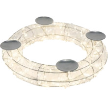 LED svetelný veniec so štyrmi striebornými tanierikmi na sviečky