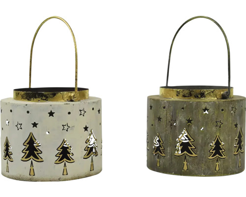 LuampášSTROMKY, kov, bielo-zlatá viac druhov cena za 1 ks Dve dekoratívne lampáše s výrezmi hviezd a vianočných stromčekov.