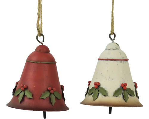 Dva ozdobné vianočné zvončeky s ozdobami z cezmíny, zavesené na povrázkoch