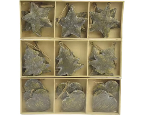 Závesná dekorácia SRDCE/STROM/HVIEZDA, kov, sivá Dekoratívne drevené figúrky v tvare hviezdy, stromu a srdca na vianočné obdobie