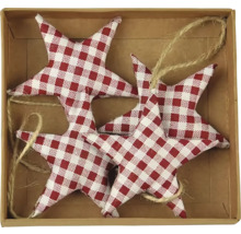 Dekoratívne hviezdy s károvaným vzorom a šnúrkou na zavesenie v krabici.