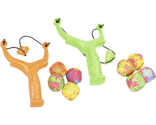 Prak so 4 vodnými bombami 21 cm 1 ks, rôzne farby Dva praky a striekacie gule
